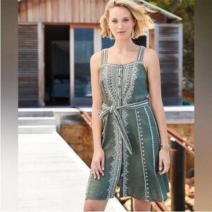 Johnny Was Embroidered Linen Dress Green